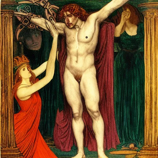 Image similar to ulysses meets witch circe, the odyssey, art by dante gabriel rossetti