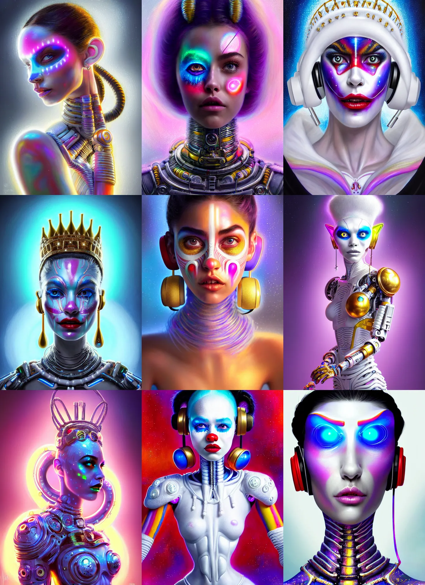 Prompt: bright white polished galactic clowncore pixar cyborg : : disney weta portrait, soft mayan queen devil madison beer, bling earbuds, hi - fructose, sci - fi fantasy intricate decadent highly - detailed digital painting, golden ratio, octane render, artstation, concept art, smooth, sharp focus, illustration, artgerm, mucha, loish, wlop