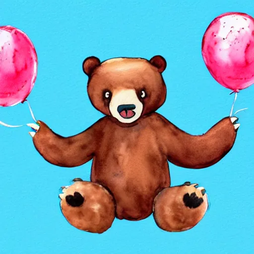 Prompt: watercolor cute animated bear holding birthday balloons