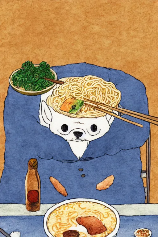 Image similar to a portrait of a shiba inu eating ramen on a dinner table, watercolor, studio ghibli, studio ghibli color palette, artistic