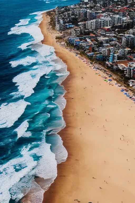 Image similar to Aerial Photo of Bondi Beach, sunrise, turquoise water, volumetric lighting, summer, Cinematic, award winning, photo print.