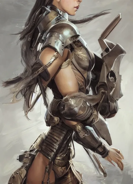 Prompt: a professionally painted portrait of an attractive young girl, partially clothed in battle armor, olive skin, long dark hair, beautiful bone structure, symmetrical facial features, intricate, elegant, digital painting, concept art, illustration, smooth, sharp focus, finely detailed, beautifully framed, from Metal Gear, in the style of Artgerm and Greg Rutkowski and William-Adolphe Bouguerea