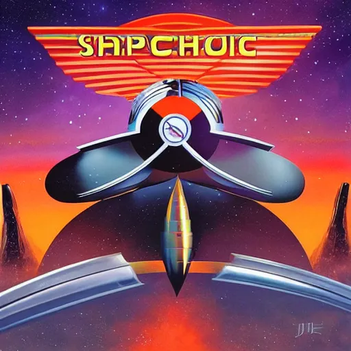 Image similar to spaceship album art, cover art, poster, rocket, queen, journey, starship band