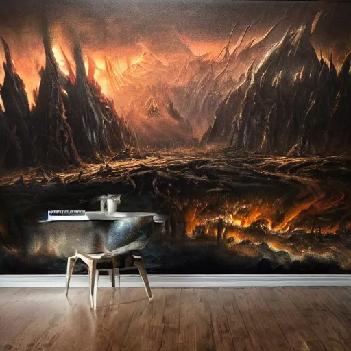 Image similar to big dark landscape wallpaper, out of this world fantasy, chilling overwhelming oil painting, brutal unforgiving creatures waiting in the shadows, hopeless and dreadful sounds