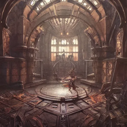 Image similar to ultra realistic illustration,, hell torture chamber interior from diablo and baldurs gate, intricate, elegant, highly detailed, digital painting, artstation, concept art, smooth, sharp focus, illustration, art by artgerm and greg rutkowski and alphonse mucha