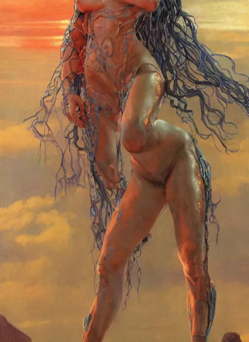 Prompt: biblical beautiful female druid android with transparent skin, bright glowing veins, in clouds, sunset, studio light, by mikhail vrubel, by gerald brom, by peter elson, muted colors, extreme detail, reflections, trending on artstation, 8 k