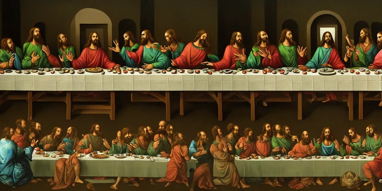 Image similar to the last supper iconic image in the style of dali surreal jesus christ iconography but replace jesus with little green aliens like the ones from pixar movies