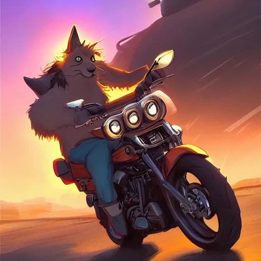 Prompt: cute fluffy caracal riding a harley motorcycle, road, sunset. adventurous, atmospheric lighting, stunning. by makoto shinkai, rossdraws, james jean, andrei riabovitchev, marc simonetti, krenz cushart, trendig on artstation, digital art