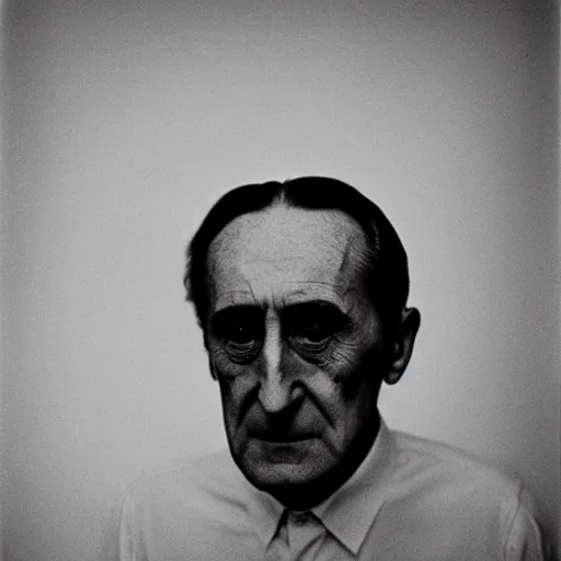 Image similar to close-up portrait of Marcel Duchamp in a empty white void, tri-x, Trent Parke, Richard Avedon, archival pigment print, occult dream, contemporary art