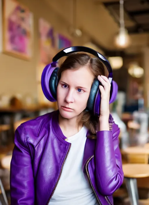 Image similar to young adult woman in a coffee shop wearing bright purple headphones and a leather jacket looking unamused, natural light, oil painting