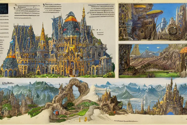 Prompt: page of encyclopedia color illustrations : : fantasy architecture, diagrams showing various fantasy architecture styles, insanely detailed, informative texts and graphs