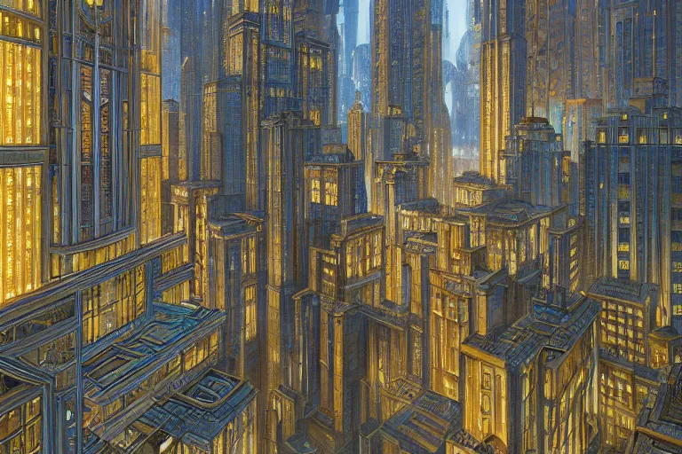 Prompt: beautiful painting of an art deco city, glowing windows. reflective detailed textures, elaborate geometric ornament and brushed steel, highly detailed dark fantasy science fiction painting by donato giancola and peter mohrbache and diego rivera, silver and cool colors. artstation