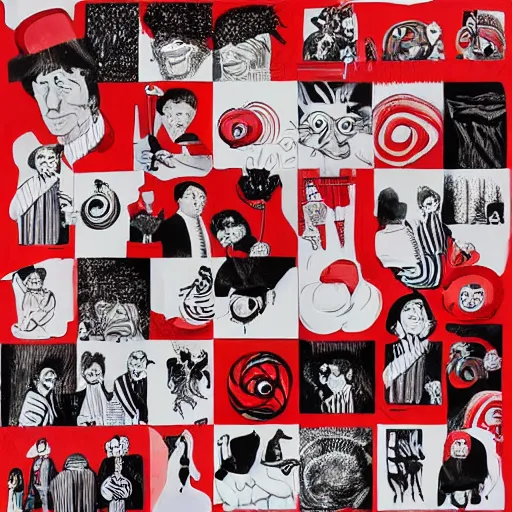 Prompt: red and white peppermint candy land collage in the style of Klaus Voormann, 1960s illustration, high quality, album cover