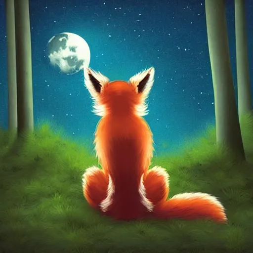 Image similar to “a fox sitting in the woods facing away, looking up at the night sky. The moon shines brightly. digital art, painting, highly detailed, hyper detailed, award winning”