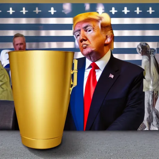 Image similar to candid color photo of Donald Trump hiding from the fbi behind a gold vase, accurate faces, 4k photo