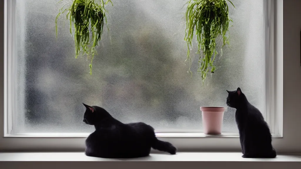 Prompt: peaceful dreamy painting of a content black cat sitting by a window and looking outside, sunshine coming through the window, small plants on the window sill, 8k, hyper realism, trending on artstation, octane render