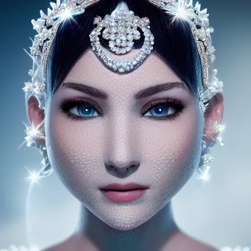 Prompt: wonderful princess of white diamonds with fair skin, white hair, white flowers, ornate with white diamonds, 8 k, gorgeous, intricate, detailed, glowing white accent lighting, dramatic lighting, octane render