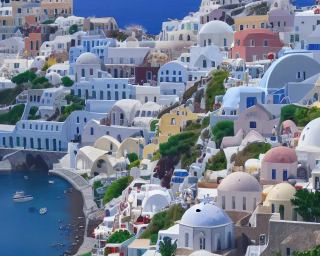 Image similar to a wholesome animation key shot of a Santorini greek city, overhead shot, wide shot, architecture, studio Ghibli, Pixar and Disney animation, sharp, very detailed, high resolution, inspired by Hayao Miyazaki, anime key art by Greg Rutkowski, Bloom, dramatic lighting