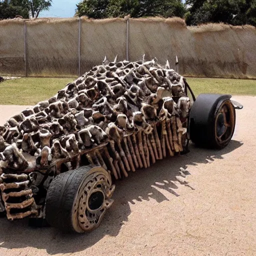 Image similar to mad Max car made out of bones horns and shells