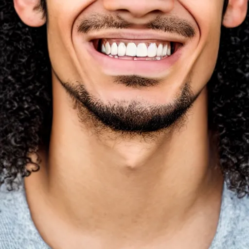 Prompt: close - up portrait photograph of a teenage latino male with brown eyes, light skin, a long italian nose, a big smile, curly medium length black hair, highly detailed, anatomically correct features,