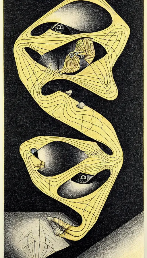 Image similar to M. C. Escher's mind drawn by M. C. Escher, gold paint, ink