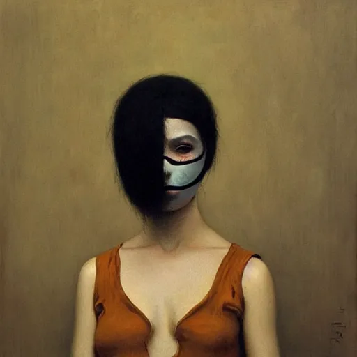 Prompt: portrait of young female with pale white skin and short black hairs, full body, she is in mask, painting by Beksinski