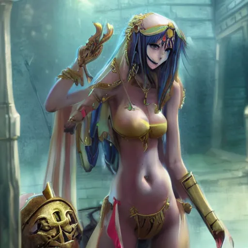 Image similar to pretty anime girl in bikini in sad byzantine mask, concept art, grim dark fantasy stand infront of poor christian farmer.