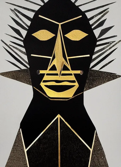 Prompt: black gold silver, crow portrait!!!!!, symmetrical, award - winning painting, abstract, gold and silver shapes, rectangles, geometry, elegant, luxurious, beautiful, pitch black background, dali