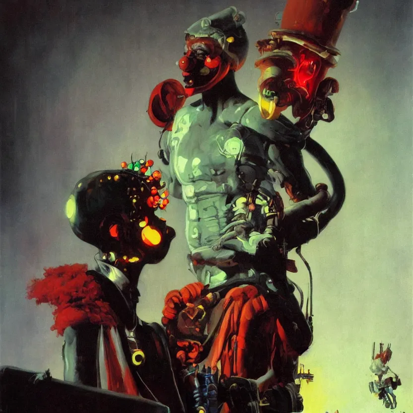 Prompt: a dark and colorful neoclassicist portrait a sci - fi clown. glowing fog in the background. highly detailed science fiction painting by norman rockwell, frank frazetta, and syd mead. rich colors, high contrast, gloomy atmosphere, dark background. trending on artstation