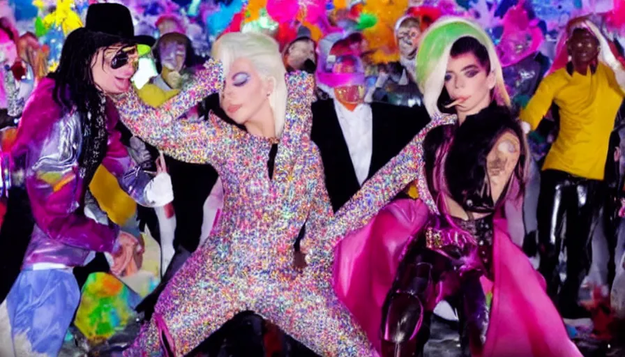 Image similar to michael jackson and lady gaga in a colorful music video from 2 0 1 3