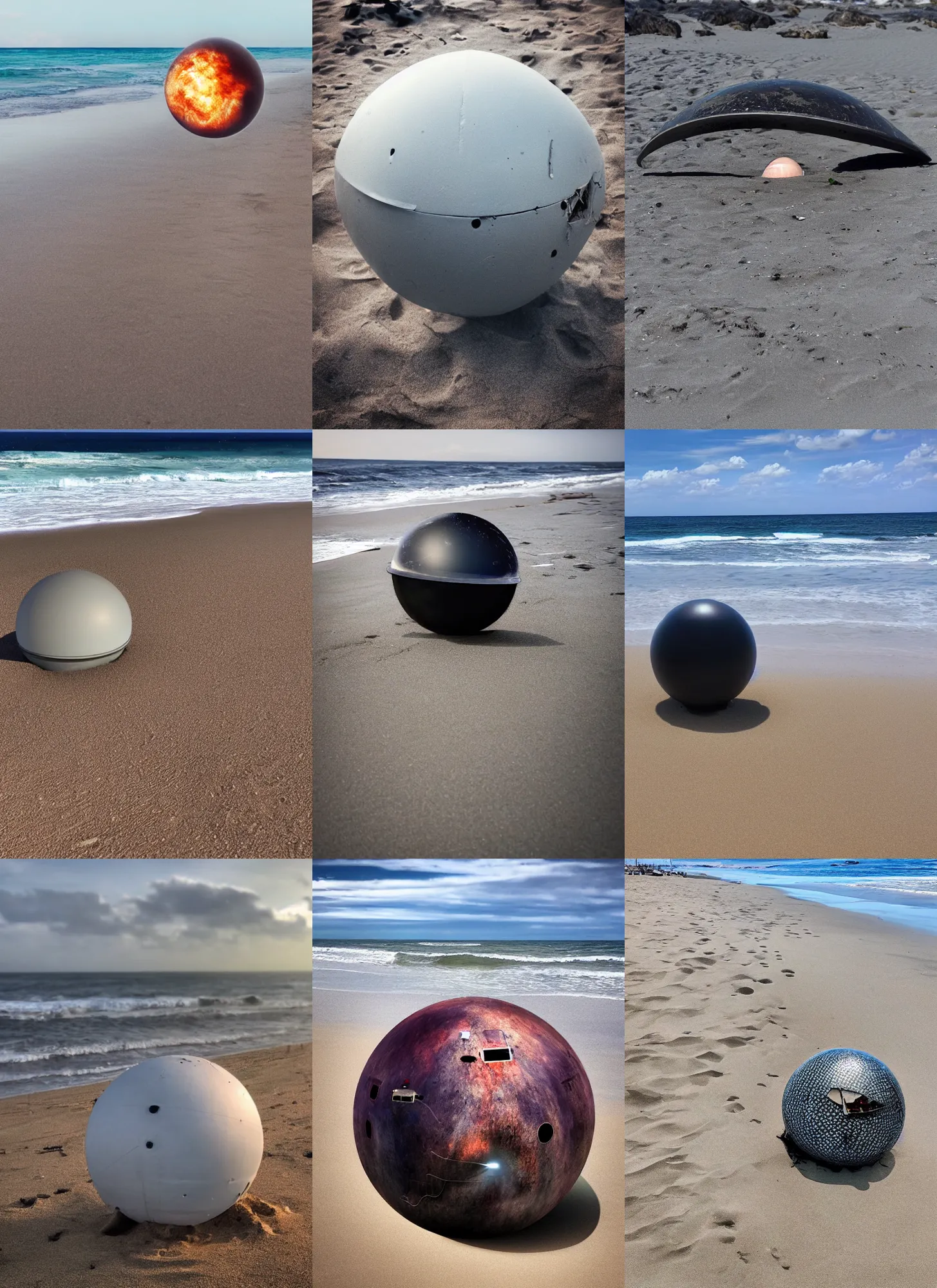 Prompt: a spherical ufo crashed on a beach, photo taken with an iphone, 2 0 2 2, high quality, high detail