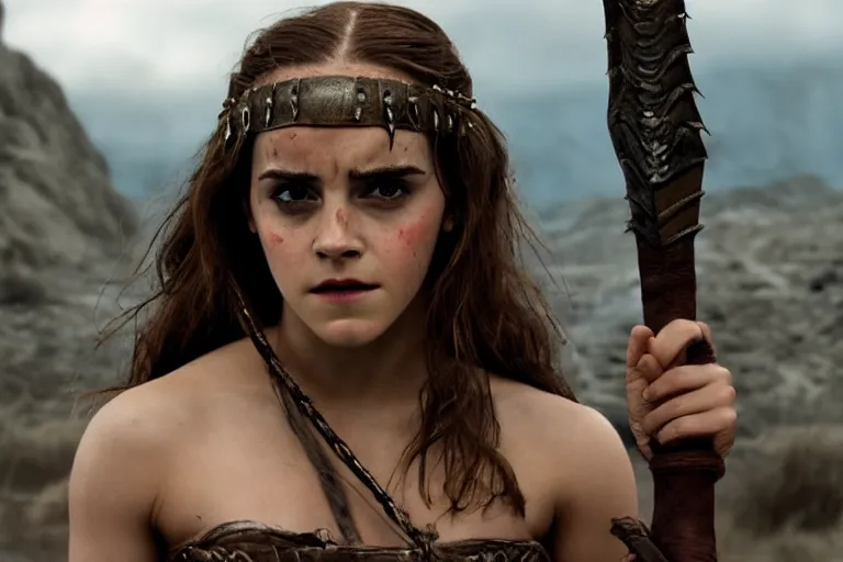 Image similar to emma watson as conan the barbarian, movie still, 8 k, realistic