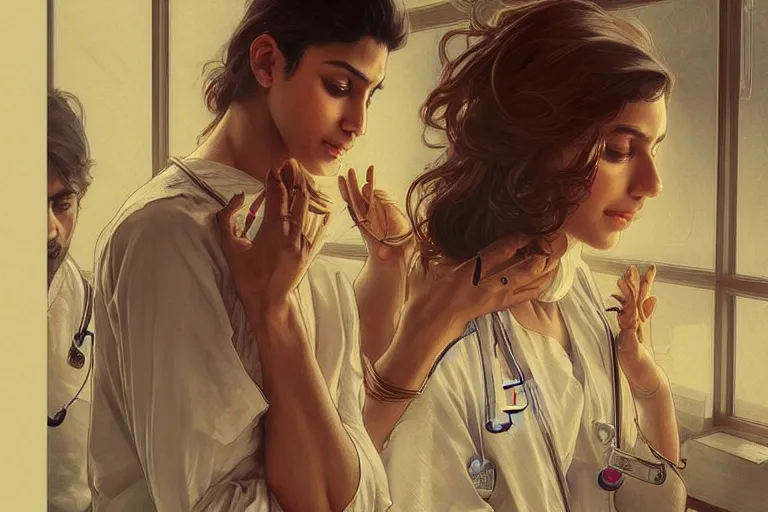 Image similar to Anxious good looking pale young Indian doctors wearing jeans inside a hospital, portrait, elegant, intricate, digital painting, artstation, concept art, smooth, sharp focus, illustration, art by artgerm and greg rutkowski and alphonse mucha