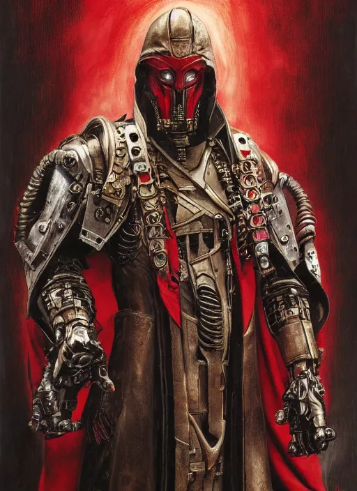 Prompt: portrait of rotten Nicolas Cage as adeptus mechanicus in red hood and robe from Warhammer 40000. Highly detailed, artstation, illustration by and John Blanche and zdislav beksinski and wayne barlowe and Gustav Klimt