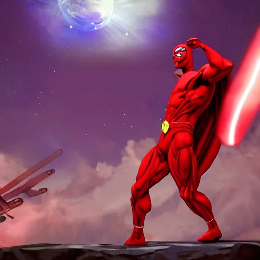 Prompt: muscular man in red superhero costume with flowing purple cape hovers in the air in the foreground facing away from the camera reaching towards the background, magneto, in the background a massive metal silver moon has a massive explosion inside the moon, death star, nebula environment, cinematic, graphic novel, matte fantasy painting, 4k, DeviantArt Artstation