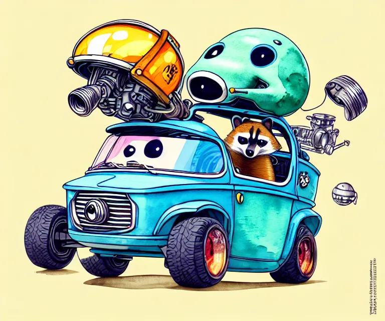 Prompt: cute and funny, racoon wearing a helmet riding in a tiny hot rod with oversized engine, ratfink style by ed roth, centered award winning watercolor pen illustration, isometric illustration by chihiro iwasaki, edited by range murata, tiny details by artgerm and beeple, symmetrically isometrically centered