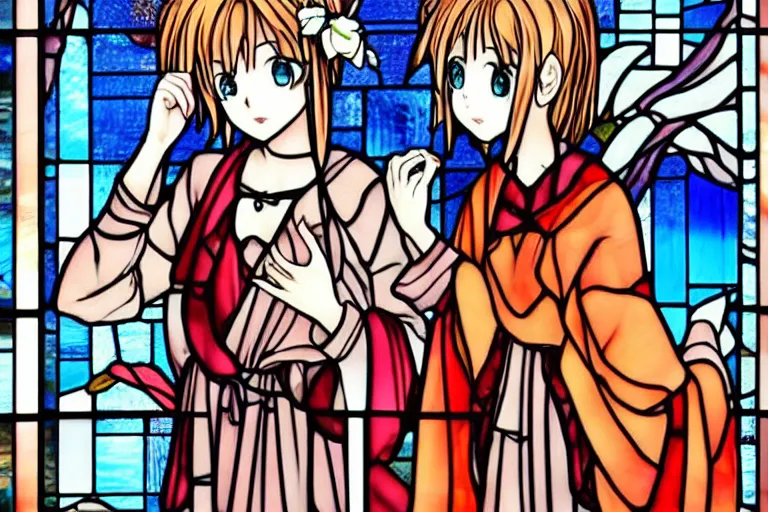 Prompt: very very very very very very beautiful cute anime girl, stained glass window