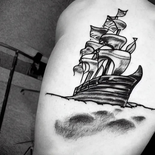 Image similar to pirate ship on a deserted island, realism tattoo drawing, hyper realistic, shaded