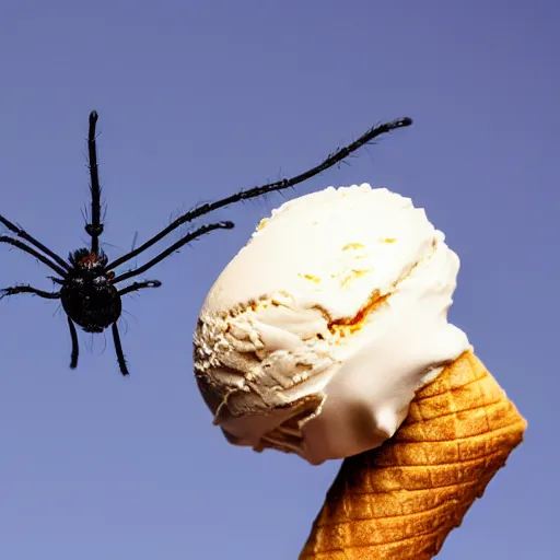 Prompt: detailed color photograph of a levitating ice cream cone with large, hairy spider legs. dramatic light.