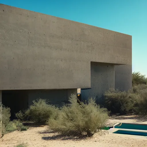 Image similar to brutalism building in the desert, biophilia mood, pool, garden, highly detailed, cinematic, photorealistic,