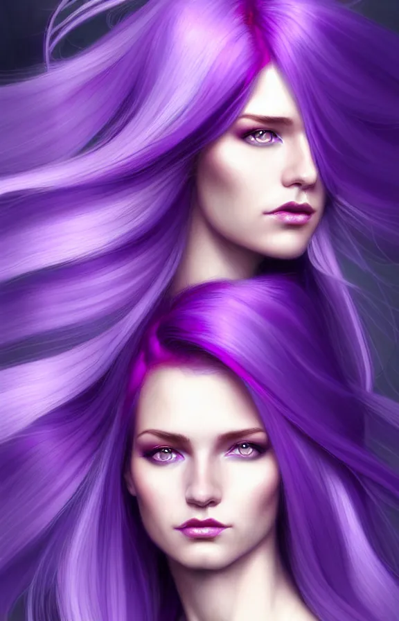 Image similar to Purple hair relistic Portrait of a woman with bright colored flying hair, all shades of purple. Hair coloring, long hair, blue eyes, fantasy, intricate, elegant, highly detailed, digital painting, artstation, concept art, smooth, sharp focus, illustration, art by artgerm and greg rutkowski and alphonse mucha