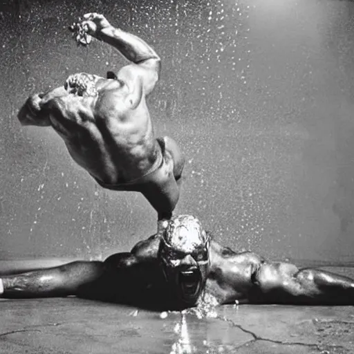 Image similar to 1 9 9 0's wwe publicity photo, a giant muscular covered in wet reflective slime man falling out of a giant cocoon onto a cement floor, screaming in agony, ultra - detailed, photorealistic