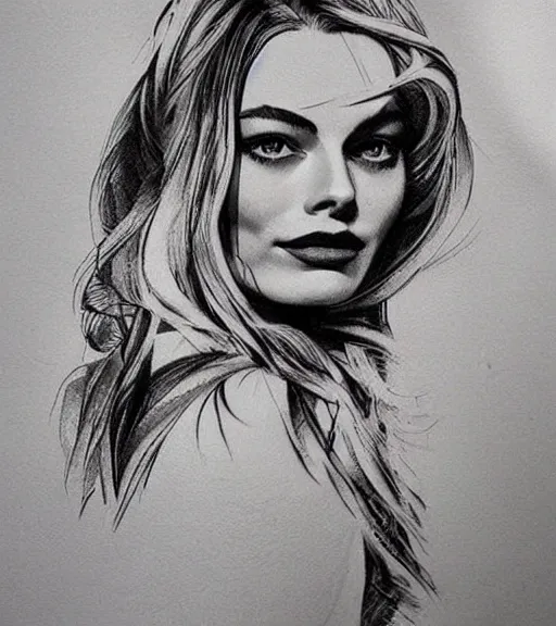 Image similar to tattoo design sketch of margot robbie and beautiful mountain scenery mash up, in the style of lesha lauz, surrealist, amazing detail, sharp