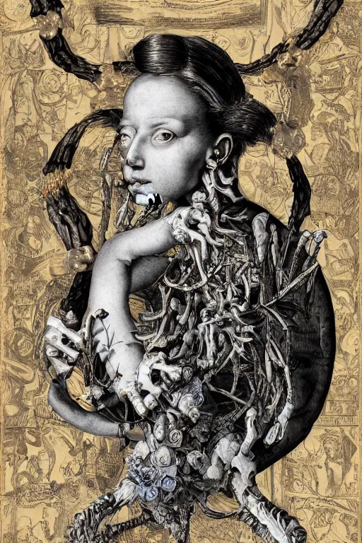 Image similar to Detailed maximalist portrait with large lips and with large eyes, sad exasperated expression, HD mixed media, 3D collage, highly detailed and intricate illustration, botany and bones, in the style of Caravaggio, dark art, baroque