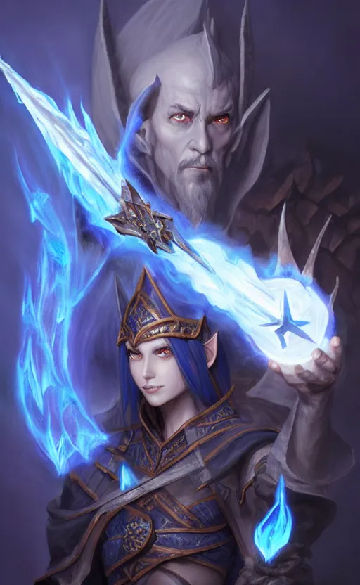 Image similar to legendary dark elf wizard with blue flame staff, highly detailed, d & d, fantasy, highly detailed, digital painting, trending on artstation, concept art, sharp focus, illustration, global illumination, ray tracing, realistic shaded, art by artgerm and greg rutkowski and fuji choko and viktoria gavrilenko and hoang lap