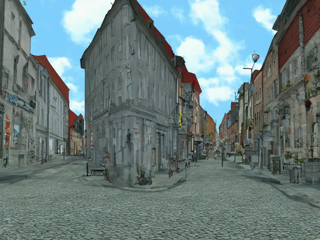 Image similar to Estonian city street as a PS1 first person video game