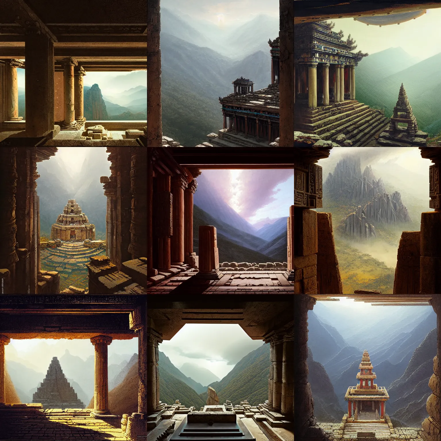 Prompt: ancient temple high up in the mountains, viewed from inside the temple, clouds inside the temple, depth of view, wide perspective by greg rutkowski and james gurney