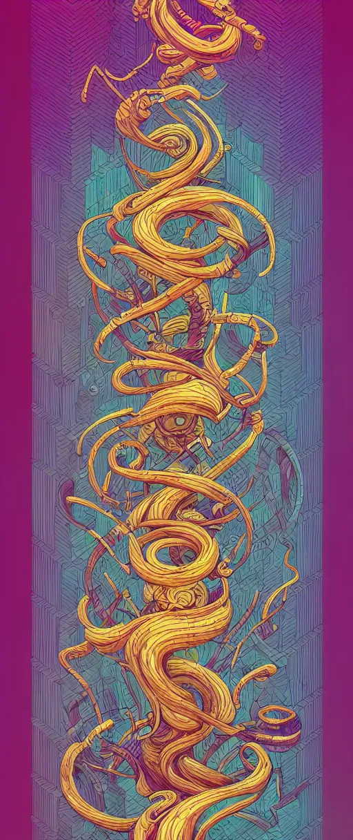 Image similar to archaic twisted turn of fate abstraction, centered award winning ink pen illustration, isometric abstract illustration by dan mumford, edited by craola, technical drawing by beeple and tooth wu, tiny details by artgerm and watercolor girl, symmetrically isometrically centered