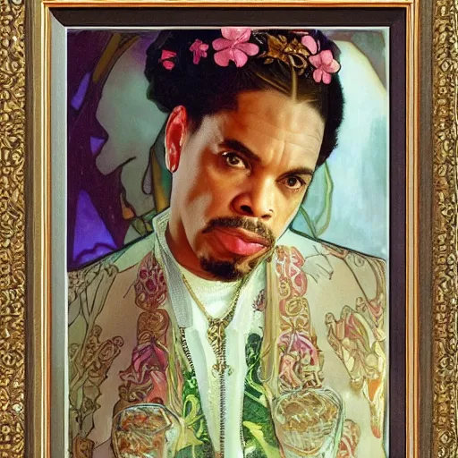 Prompt: ice - t with glass of water portrait picture by alfons mucha, golden hour, realistic, body shot, sharp focus, 8 k high definition, insanely detailed, intricate, elegant, cherry blossoms