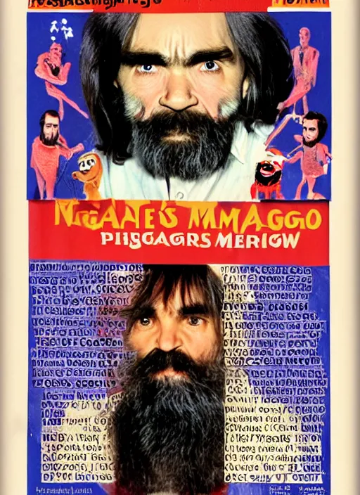 Image similar to vintage magazine advertisement depicting charles manson hosting the muppet show, cinestill grainy film, by alex grey